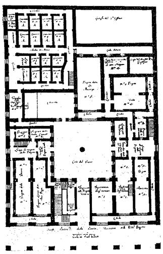 I. Κάτοψη ισογείου των νέων φυλακών   της Βενετίας του 1574. Πάνω αριστερά στην εικόνα διακρίνονται δύο ομάδες από κελιά απομόνωσης περικλειόμενα από τοίχο.  