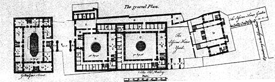 II. Κάτοψη ισογείου της παλιάς λονδρέζικης φυλακής του Newgate. Η κάτοψη αυτή προέρχεται από τα σχέδια ανακατασκευής της φυλακής του George Dance του πρεσβύτερου το 1755. Διακρίνονται πέντε κελιά απομόνωσης στο πάνω μέρος της εικόνας. 