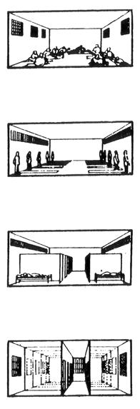III. Σχηματική απεικόνιση της εξέλιξης της αρχιτεκτονικής των φυλακών από τους μεγάλους κοινόχρηστους χώρους στα ατομικά κελιά. Αξίζει εδώ να αναφερθεί η άποψη του Μισέλ Φουκώ: «ο πειθαρχικός χώρος τείνει να διαιρείται σε τόσα τεμάχια, όσα είναι και τα σώματα ή τα στοιχεία που πρέπει να κατανεμηθούν».