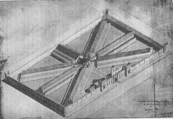 VIII. Η φυλακή Cherry Hill στη Φιλαδέλφεια της Πενσυλβανίας, έργο του John de Haviland, 1829. Το πρωτότυπο σχέδιο περιελάμβανε 250 κελιά απομόνωσης, όλα στο ισόγειο. Η απόφαση να αυξηθεί ο αριθμός των κελιών σε 400 ανάγκασε τον Haviland να προσθέσει έναν όροφο. Ο Haviland εισήγαγε το ακτινωτό σχέδιο από την Αγγλία.