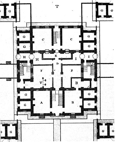 XVI. Κάτοψη ισογείου του κεντρικού υπόστεγου της Kομιτειακής Φυλακής Dorchester του αρχιτέκτονα William Blackburn, 1795.