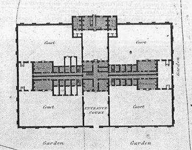 ΧΧII. Η μικρή Κομιτειακή Φυλακή του Winchester, 1787, κάτοψη ισογείου. Παρατηρούμε έξι κελιά απομόνωσης, τα οποία διαθέτουν ατομικό προαύλιο. Επίσης έχουν κτιστεί τοίχοι στη μέση των διαδρόμων των κελιών έτσι ώστε να ενισχύεται η αίσθηση της απομόνωσης.