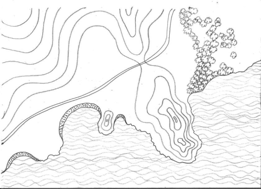 Διαγραμματική απεικόνιση (φανταστικής) περιοχής προς τουριστική - παραθεριστική ανάπτυξη. Με αυτή την αφετηρία θα δείξουμε παρακάτω σχηματικά τις διαφορετικές τυπολογίες ανάπτυξης των δύο υποδειγμάτων σχεδιασμού.