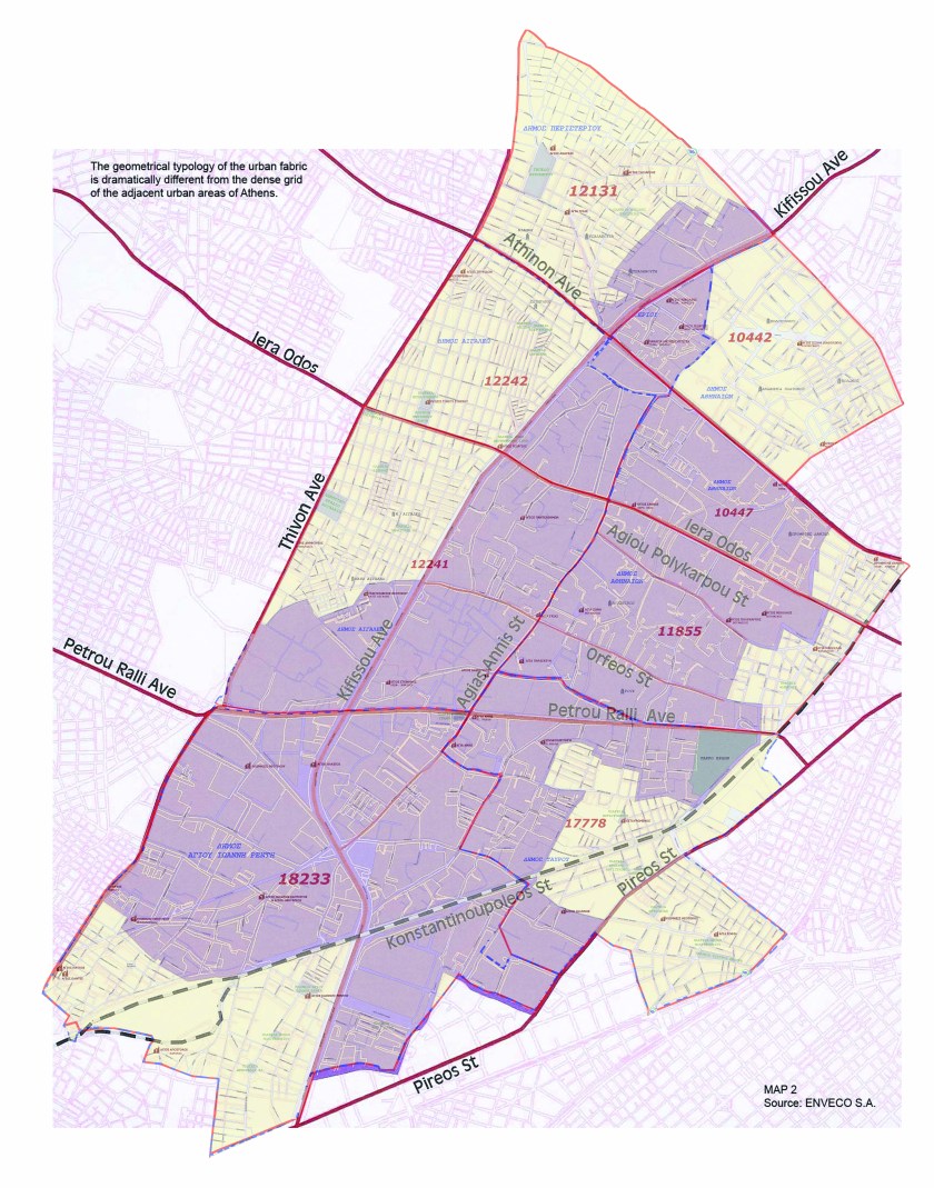 Με μωβ οι περιοχή του Ελαιώνα σύμφωνα με το ΠΔ 95, με κίτρινο η ευρύτερη περιοχή του Ελαιώνα με βάση τους ΤΚ, στην οποία αφορούν τα στοιχεία του Πίνακα 1. (πηγές ΓΓΠΣ, geodata, ENVECO)