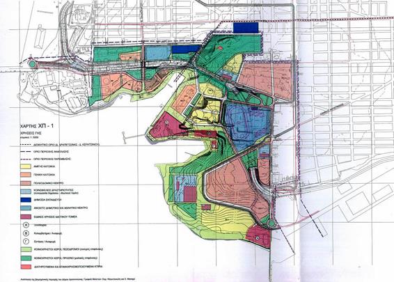 Χρήσεις γης. Κίτρινο: ΑΚ, Πορτοκαλί: ΓΚ, Κόκκινο-ροζ: πολεοδομικό κέντρο, Μπλε: εκπαίδευση, Ανοικτό μπλε: ΚΦ και αθλητικό κέντρο, Μοβ σκούρο: ειδικές χρήσεις ιδιωτικού τομέα, Πράσινο σκούρο: μαλακές επιφάνειες πρασίνου, Πράσινο Ανοικτό: ΚΧ-πεζόδρομοι-σκληρές επιφάνειες (πηγή: Δήμος Δραπετσώνας)