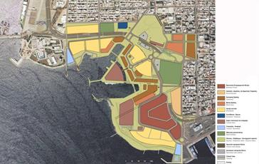 Χρήσεις γης στην «πρόταση Παπαγιάννη». Στο κέντρο της περιοχής των λιπασμάτων δεσπόζει το η χρήση ναυτιλιακού κέντρου. Κίτρινο: αμιγής κατοικία, μοβ: πολιτισμός, καφέ: εμπόριο, σκούρο πράσινο: αθλητισμός, μπλε: εκπαίδευση, γαλάζιο: τουρισμός-αναψυχή, ανοικτό πράσινο: κοινόχρηστοι πράσινοι χώροι, ροζ: διοίκηση, σκούρο ροζ: μικτές χρήσεις. (πηγή: γραφείο Παπαγιάννη)