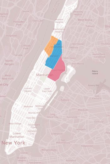 Εικόνα 3: Το Harlem σε σχέση με το διαμέρισμα του Manhattan. Το δυτικό Harlem συχνά δεν εντάσσεται στα όρια της περιοχής, αλλά αναφέρεται ως Morningside Heights. Με ροζ το ανατολικό Harlem, με μπλε το κεντρικό και με πορτοκαλί το δυτικό.