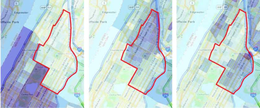 Εικόνα 4: Στοιχεία της απογραφής του 2010 για την πόλη της Νέας Υόρκης που δείχνουν τη συγκέντρωση, σε ποσοστά %, των διαφόρων εθνοτικών και φυλετικών ομάδων. Από αριστερά προς τα δεξιά: μόνο λευκοί, μόνο μαύροι, μόνο λατινοαμερικάνοι.