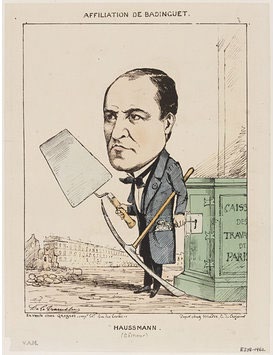 Εικόνα 13: Γελοιογραφία της εποχής, που παρουσιάζει τον Haussmann να κλέβει τα Ταμεία Εργασιών του Παρισιού και τον ονομάζει "χαλάστρα" σε αντίθεση με τον αυτοπροσδιορισμό του ως "καλλιτέχνη κατεδαφιστή".